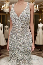 New Arrival V Neck Cap Sleeve Beads Crystals Mermaid Wedding Dress Lace Applique