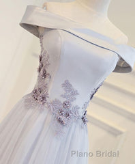 Gray A Line Off Shoulder Floor Length Formal Prom Dresses, Lace Evening Dresses