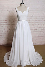 Noble A-Line Shoulder Strap With Chiffon Patch Flower Dew Back And Ground Length Wedding Dresses