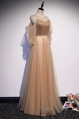 Noble And Elegant Champagne Beaded Long Sleeved Off Shoulder Ball Dresses Champagne A-Line Princess Off Shoulder Strap And Floor Length Formal Prom Dresses