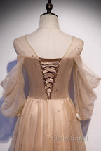 Noble And Elegant Champagne Beaded Long Sleeved Off Shoulder Ball Dresses Champagne A-Line Princess Off Shoulder Strap And Floor Length Formal Prom Dresses