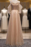 Noble And Elegant Champagne Beaded Long Sleeved Off Shoulder Ball Dresses Champagne A-Line Princess Off Shoulder Strap And Floor Length Formal Prom Dresses