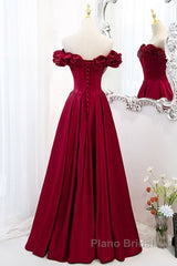 Noble And Elegant Wine Red Sleeveless Off Shoulder Beaded Ball Dresses With Wine Red A-Shaped Backless Strap And Ground Length Ruffled Hem Formal Prom Dresses
