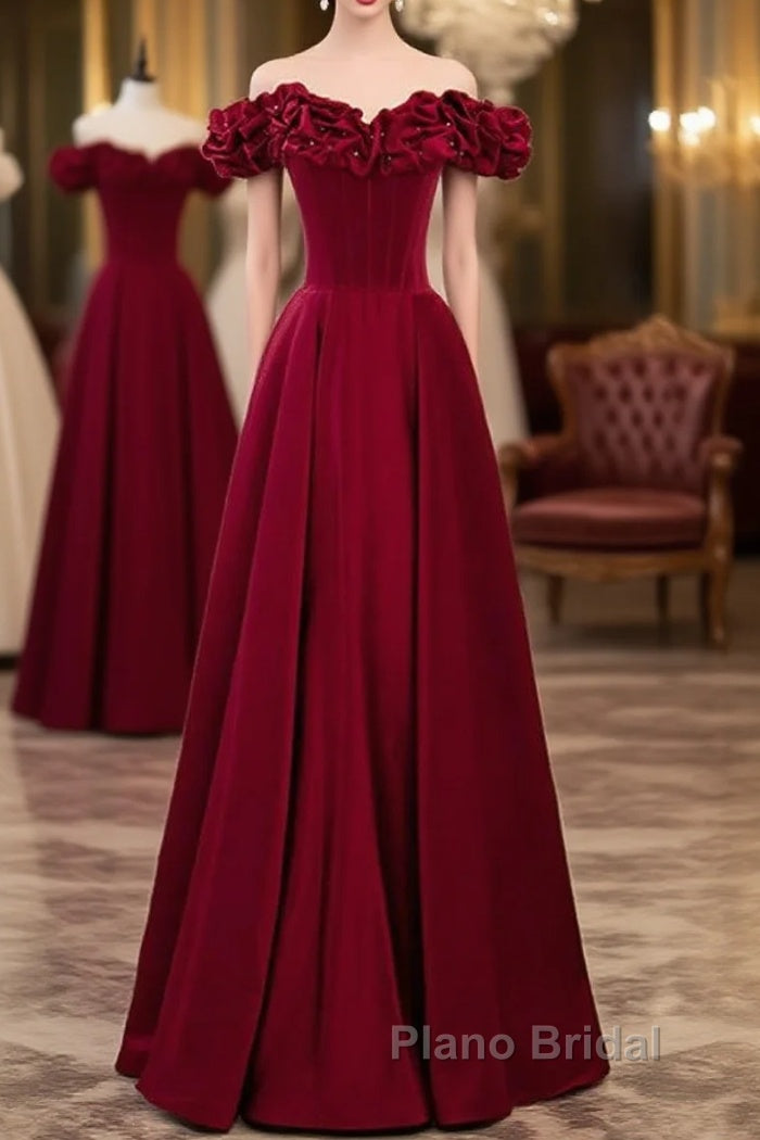 Noble And Elegant Wine Red Sleeveless Off Shoulder Beaded Ball Dresses With Wine Red A-Shaped Backless Strap And Ground Length Ruffled Hem Formal Prom Dresses Main image