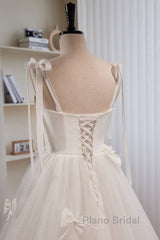 Noble And Unique White Pearl Sleeveless Off Shoulder Bow Ball Dresses With White Thin Shoulder Strap Off Back Tie And Floor Length Tail Evening Dresses