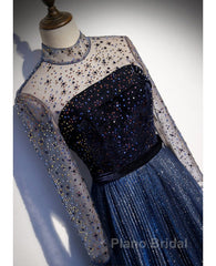 Noble Navy Blue Perspective High Neck Long Sleeved Water Diamond Sequin Ball Dresses Navy Blue A-Line Princess Sparkling Backless Tulle Sweeping Tail Ruffle Edge Evening Dresses