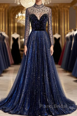 Noble Navy Blue Perspective High Neck Long Sleeved Water Diamond Sequin Ball Dresses Navy Blue A-Line Princess Sparkling Backless Tulle Sweeping Tail Ruffle Edge Evening Dresses