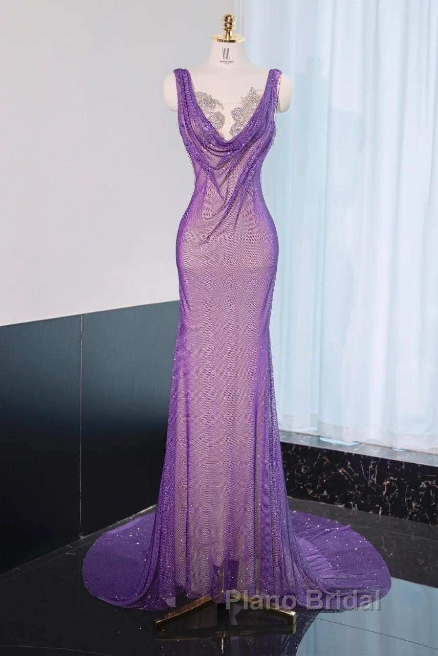 Noble Purple Mermaid Gown - Glitter Rhinestone Tulle Formal Prom Dresses For Special Ocassions