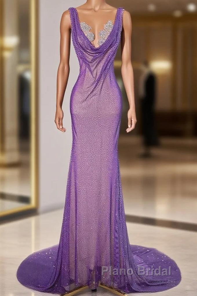 Noble Purple Mermaid Gown - Glitter Rhinestone Tulle Formal Prom Dresses For Special Ocassions Main image