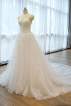 Noble Strapless Lace Decal Sheer Off Shoulder And Floor Length Floor Mopping Wedding Dresses