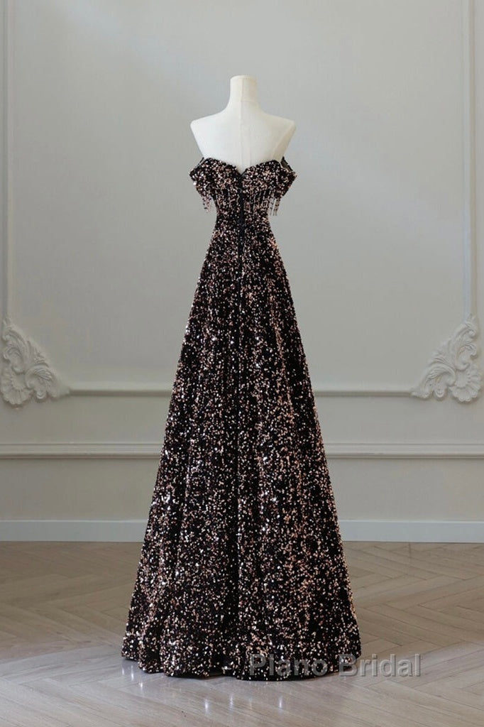 Off Shoulder A-Line Coffee Gold Sequin Long Formal Prom Dresses, Coffee Gold Evening Dresses