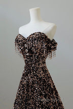 Off Shoulder A-Line Coffee Gold Sequin Long Formal Prom Dresses, Coffee Gold Evening Dresses