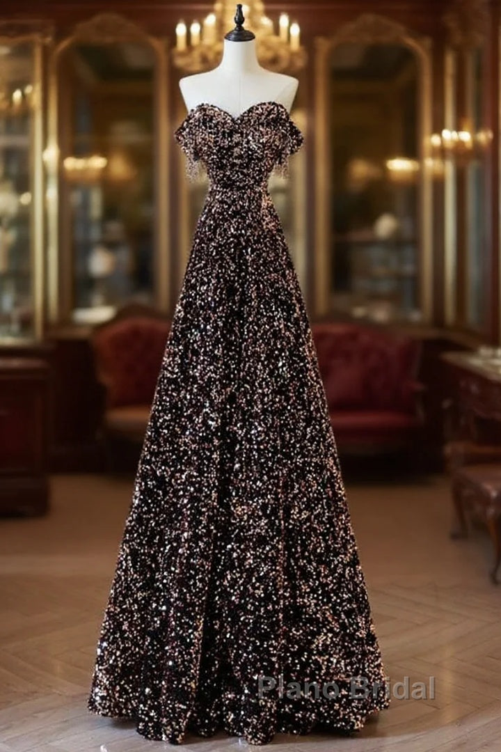 Off Shoulder A-Line Coffee Gold Sequin Long Formal Prom Dresses, Coffee Gold Evening Dresses