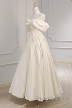 Off Shoulder A-Line Satin Beige Long Formal Prom Dresses, Beige Long Formal Dresses