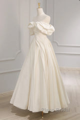 Off Shoulder A-Line Satin Beige Long Formal Prom Dresses, Beige Long Formal Dresses