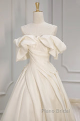 Off Shoulder A-Line Satin Beige Long Formal Prom Dresses, Beige Long Formal Dresses