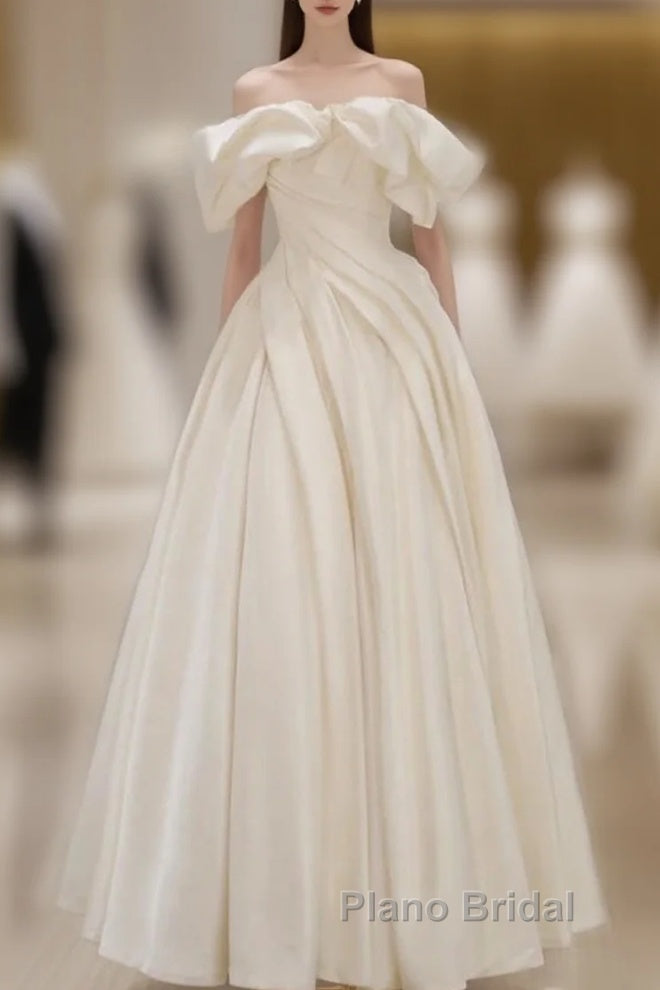 Off Shoulder A-Line Satin Beige Long Formal Prom Dresses, Beige Long Formal Dresses