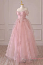 Off Shoulder Beading Pink Tulle Princess Formal Prom Dresses