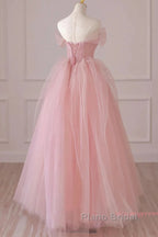 Off Shoulder Beading Pink Tulle Princess Formal Prom Dresses