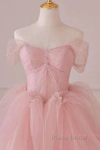 Off Shoulder Beading Pink Tulle Princess Formal Prom Dresses