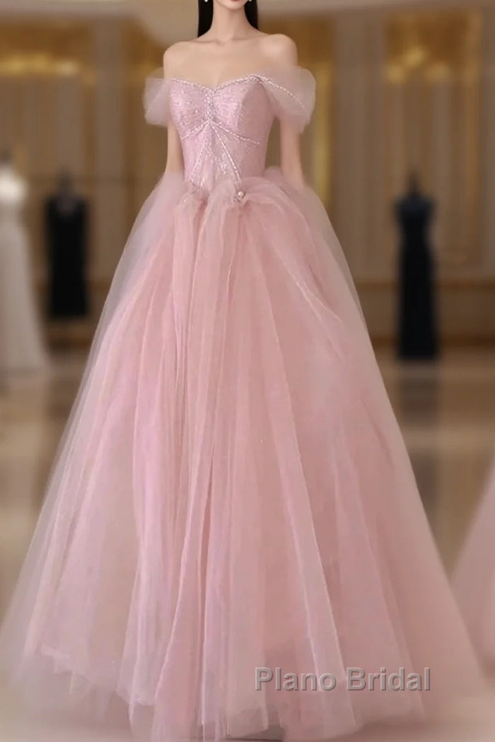 Off Shoulder Beading Pink Tulle Princess Formal Prom Dresses Main image