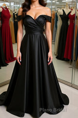 Off Shoulder Black Satin Long Formal Prom Dress, Long Black Formal Graduation Evening Dress