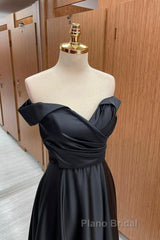 Off Shoulder Black Satin Long Formal Prom Dress, Long Black Formal Graduation Evening Dress