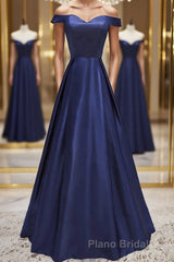 Off Shoulder Blue Satin Long Formal Prom Dress, Off Shoulder Blue Formal Dress, Blue Evening Dress