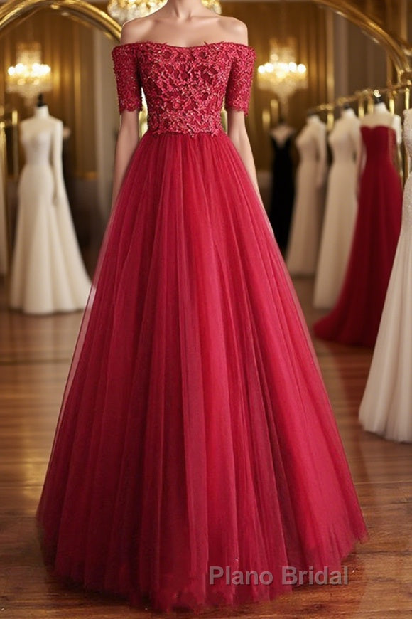 Off Shoulder Burgundy Lace Long Formal Prom Dresses, Burgundy Lace Formal Dresses, Burgundy Evening Dresses Main image