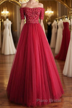 Off Shoulder Burgundy Lace Long Formal Prom Dresses, Burgundy Lace Formal Dresses, Burgundy Evening Dresses