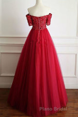 Off Shoulder Burgundy Lace Long Formal Prom Dresses, Burgundy Lace Formal Dresses, Burgundy Evening Dresses