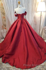 Off Shoulder Burgundy Satin Long Formal Prom Dress, V Neck Burgundy Formal Evening Dress, Burgundy Ball Gown