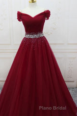 Off Shoulder Burgundy Tulle Long Formal Prom Dresses with Sequins, Burgundy Tulle Formal Evening Dresses