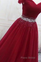 Off Shoulder Burgundy Tulle Long Formal Prom Dresses with Sequins, Burgundy Tulle Formal Evening Dresses