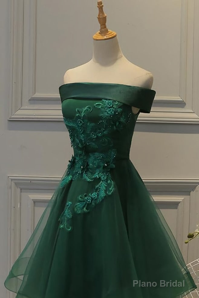 Off Shoulder Dark Green Short Party Dress, Tulle Homecoming Dresses Secondary image