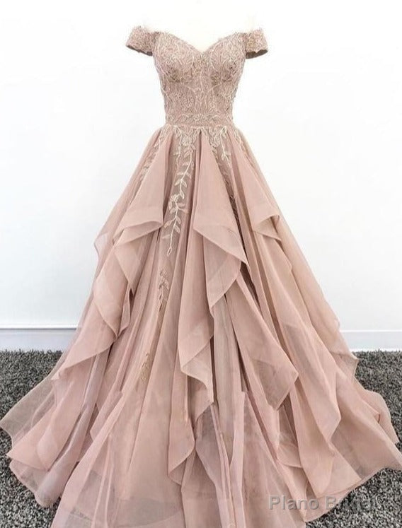 Off Shoulder Dusty Champagne Lace Cheap Long Evening Prom Dresses, Evening Party Prom Dresses