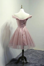 Off Shoulder Dusty Pink Tulle Short Formal Prom Homecoming Dress, Short Pink Formal Graduation Evening Dress