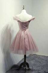 Off Shoulder Dusty Pink Tulle Short Formal Prom Homecoming Dress, Short Pink Formal Graduation Evening Dress