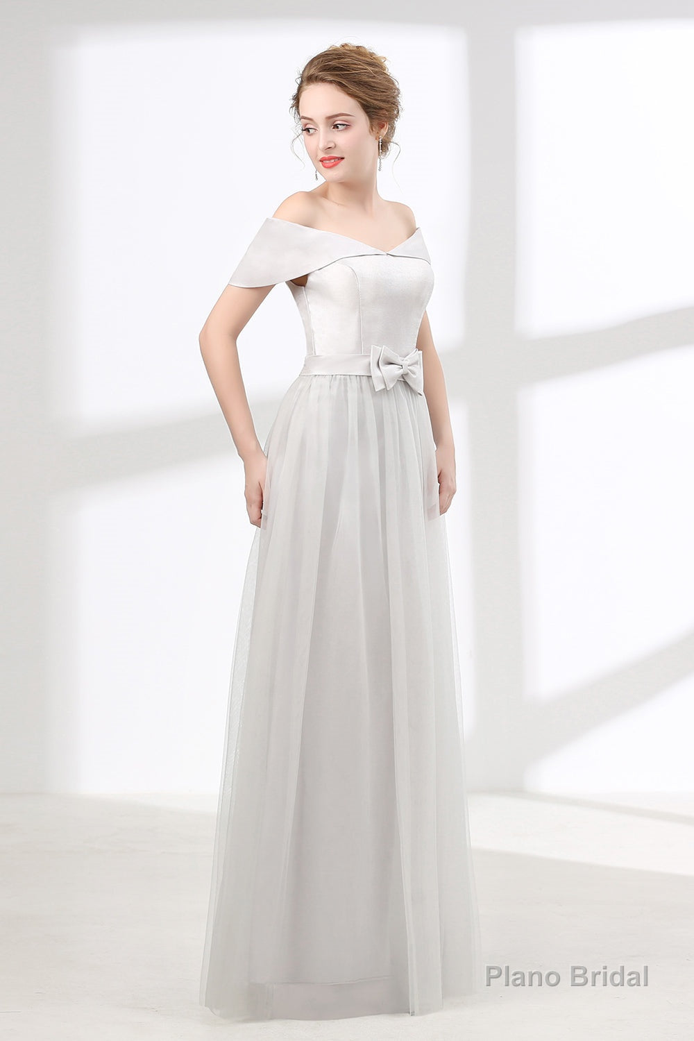 Off Shoulder Gray Formal Floor Length Prom Dresses Main image