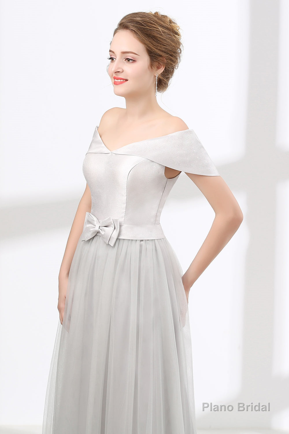 Off Shoulder Gray Formal Floor Length Prom Dresses