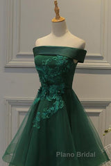 Off Shoulder Green Lace Floral Formal Prom Dress, Short Green Lace Homecoming Dress, Green Formal Evening Dress