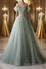 Off Shoulder Green Tulle Floral Long Formal Prom Dresses, Off the Shoulder Green Formal Evening Dresses with 3D Flowers
