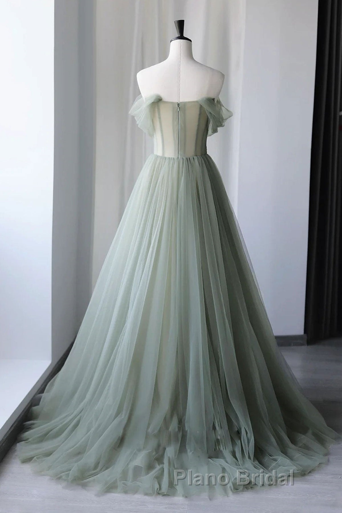 Off Shoulder Green Tulle Floral Long Formal Prom Dresses, Off the Shoulder Green Formal Evening Dresses with 3D Flowers Secondary image