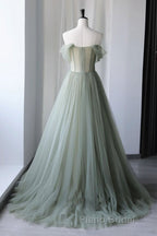 Off Shoulder Green Tulle Floral Long Formal Prom Dresses, Off the Shoulder Green Formal Evening Dresses with 3D Flowers