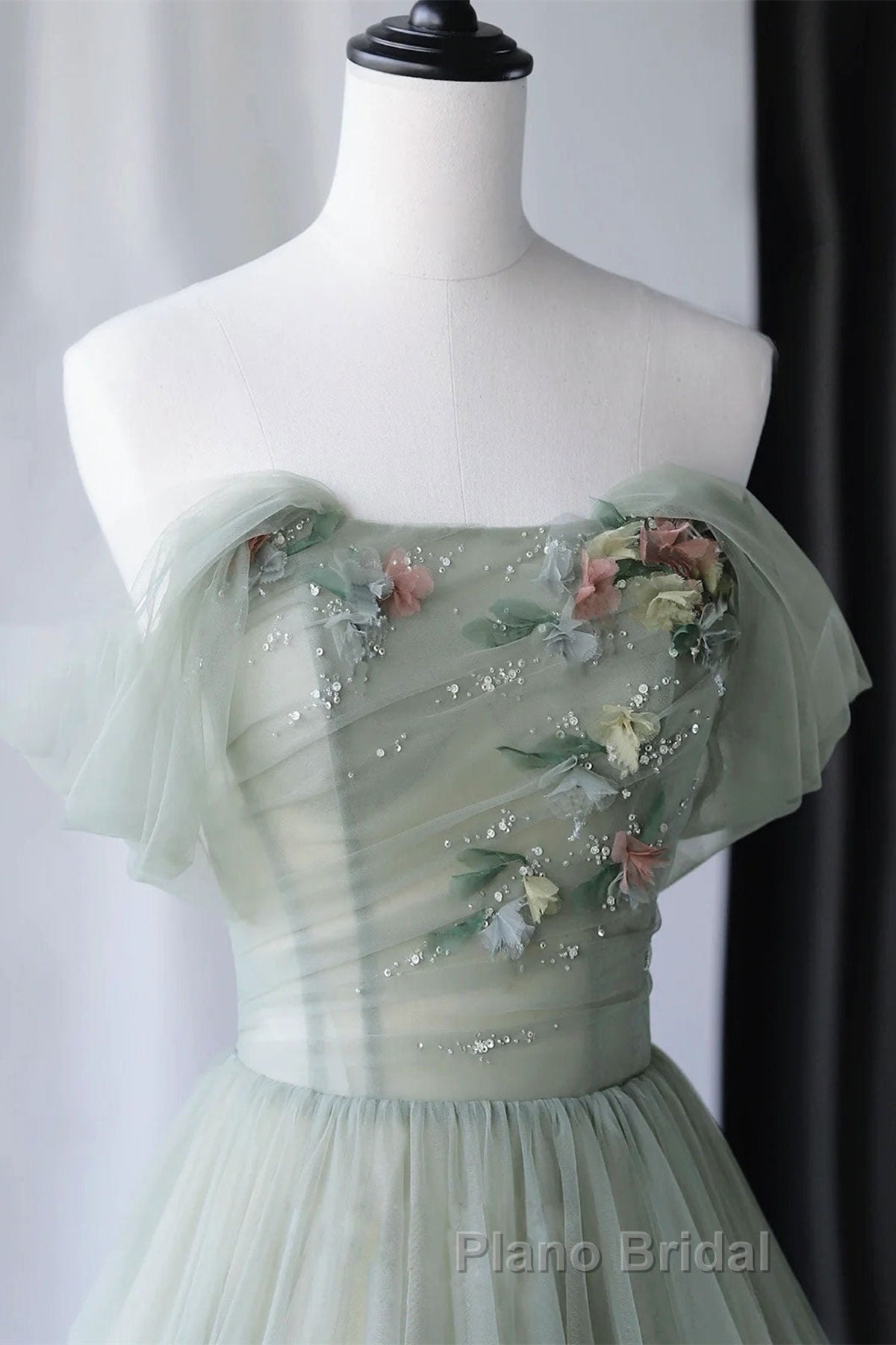 Off Shoulder Green Tulle Floral Long Formal Prom Dresses, Off the Shoulder Green Formal Evening Dresses with 3D Flowers