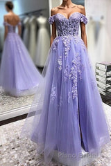 Off Shoulder Lavender Lace Long Formal Prom Dresses, Lilac Lace Prom Dresses, Purple Evening Dresses