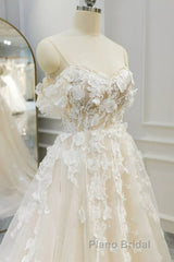 Off Shoulder Light Champagne Tulle Lace Long Formal Prom Dress, Light Champagne Lace Formal Evening Dress