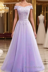 Off Shoulder Light Purple Lace Long Formal Prom Dress, Off the Shoulder Lilac Lace Formal Dress, Purple Evening Dress