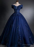 Off Shoulder Navy Blue Long Sweet 16 Gown Blue Tulle with Lace Prom Dress prom dresses shops