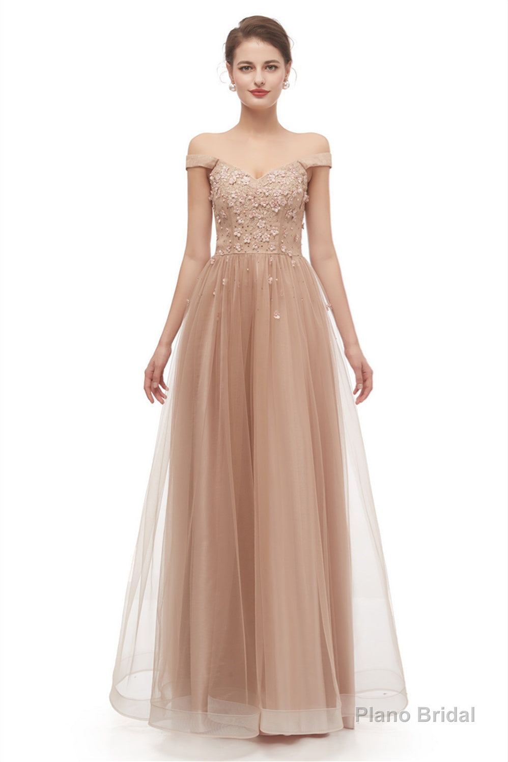 Off-Shoulder Pearls Applique A-Line Tulle Prom Dresses Main image